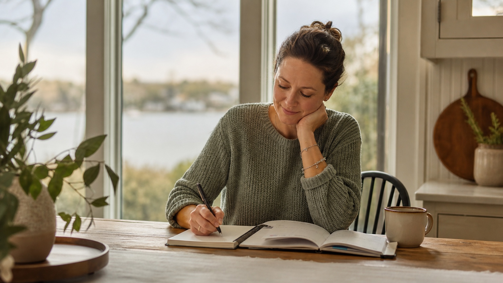 Adult using a notebook and planner at a kitchen table in soft morning light.