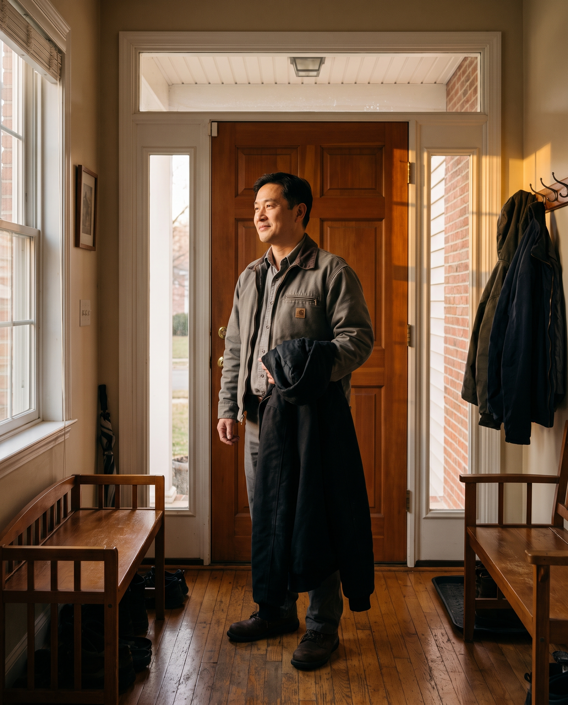 A thoughtful adult returning home after managing work and family responsibilities in Gaithersburg