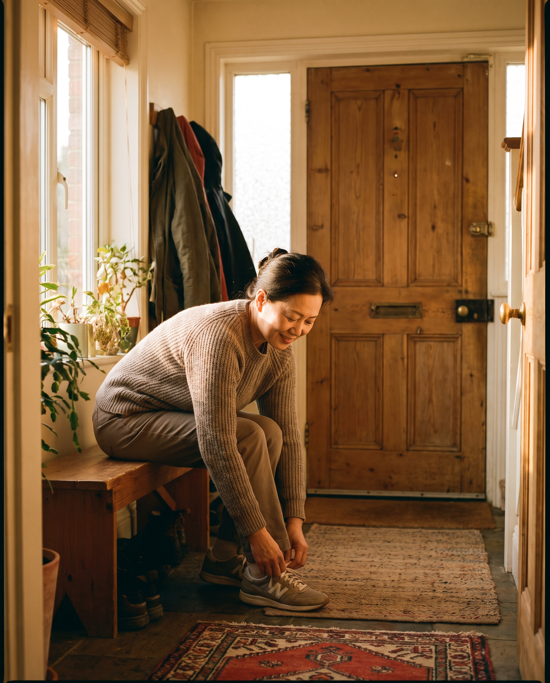 Adult woman putting on shoes beside the front door of a warm home