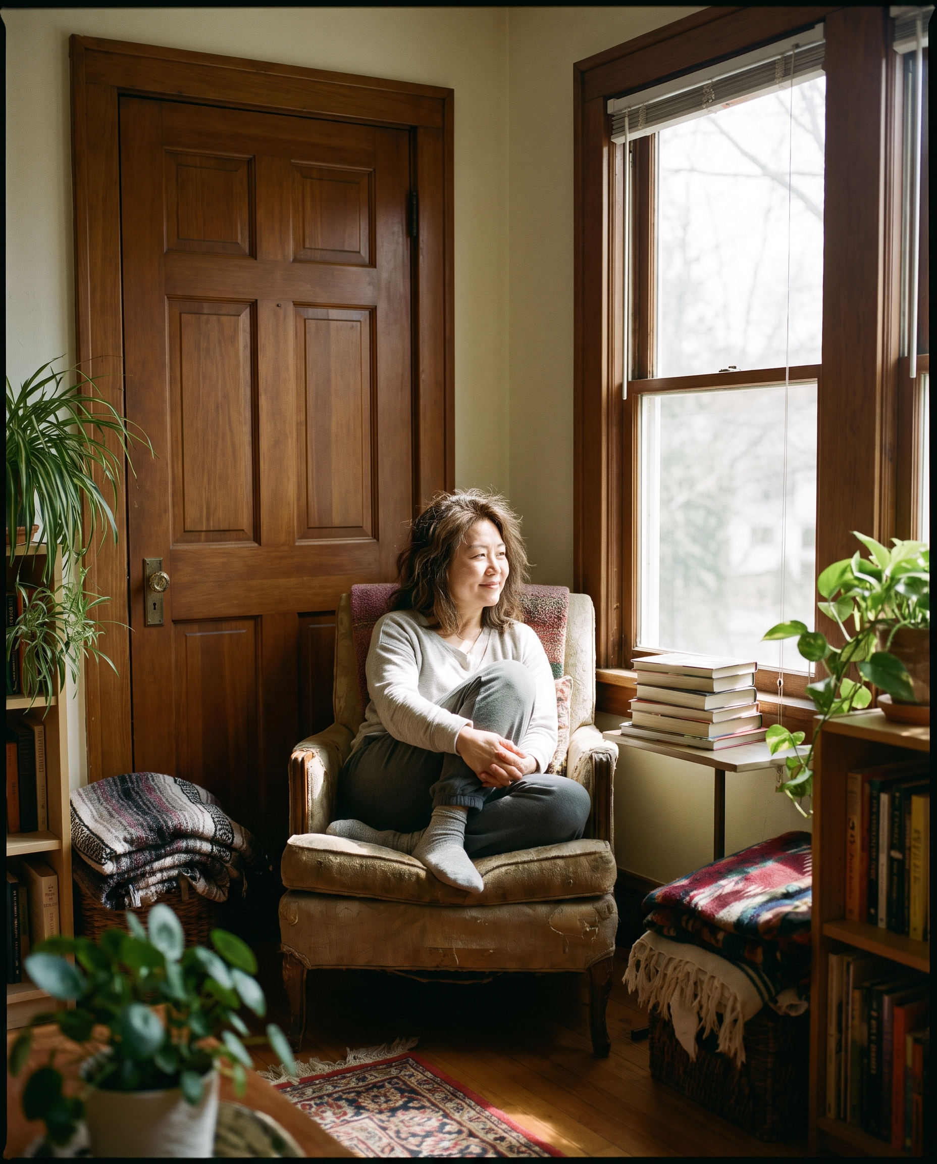 Woman sitting comfortably in a quiet home nook beside a closed door