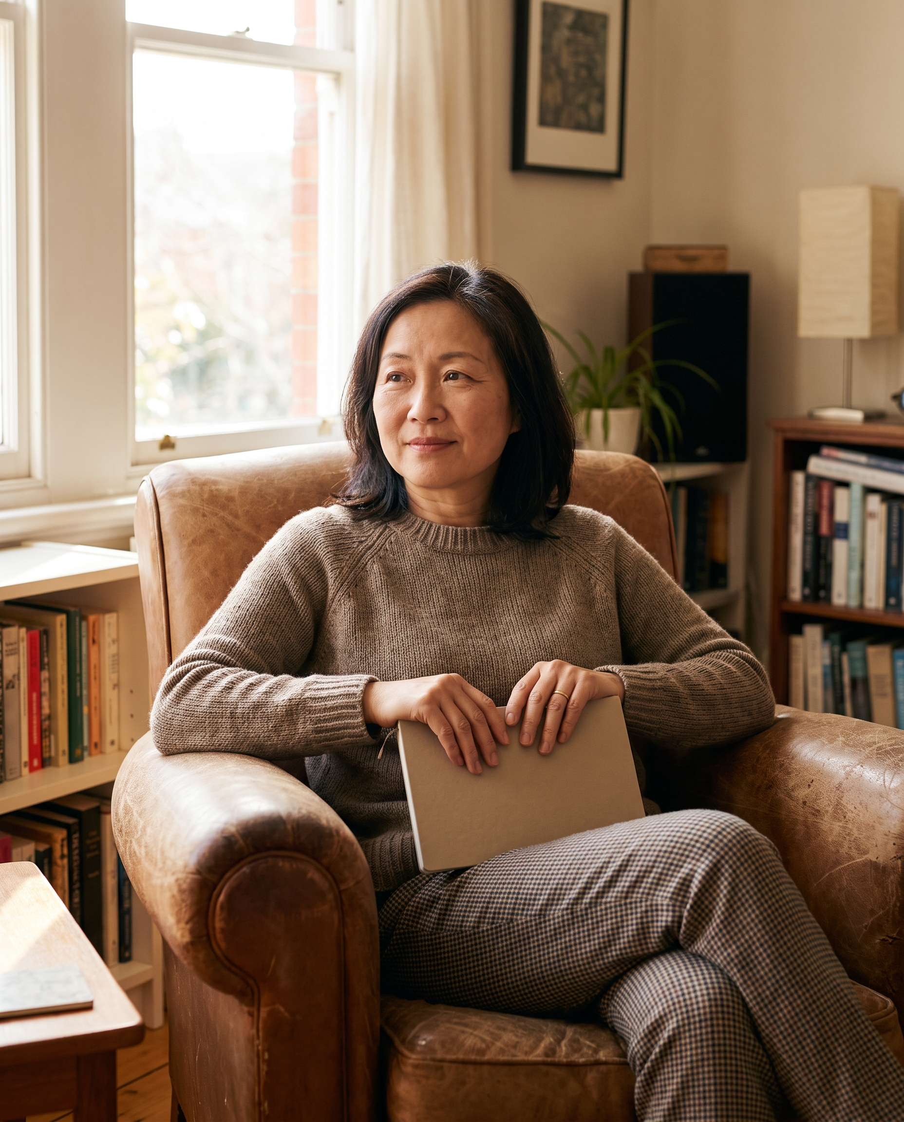 Woman with a closed notebook resting in a comfortable home armchair