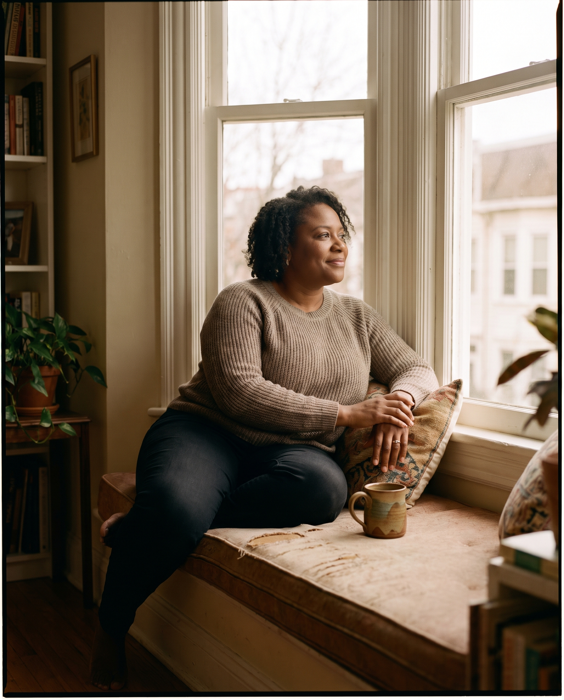 A woman resting on a cushioned home window bench beside a ceramic mug