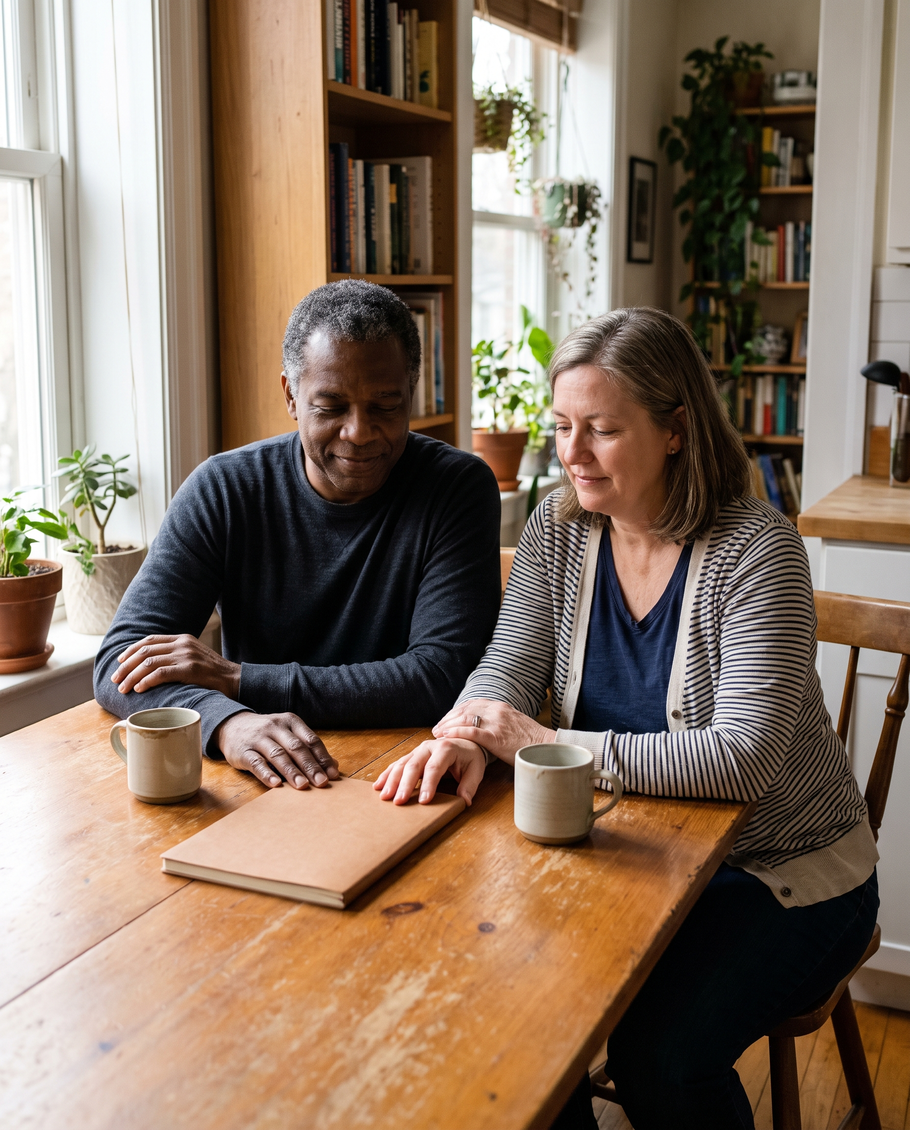Partners sitting together at a home table with a closed notebook and cups of tea